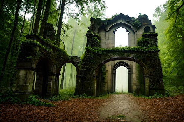 Foto a natureza verde inclui montanhas, fortalezas antigas, árvores verdes e portões antigos