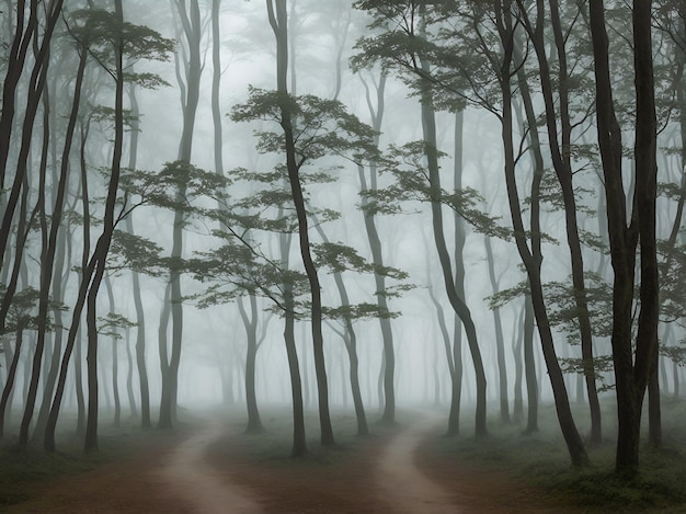 A neblina envolve a floresta criando um ambiente misterioso nesta encantadora cena florestal