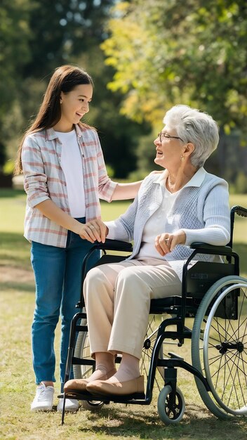A neta a falar com a avó sentada numa cadeira de rodas. Um conceito alegre, uma família feliz.