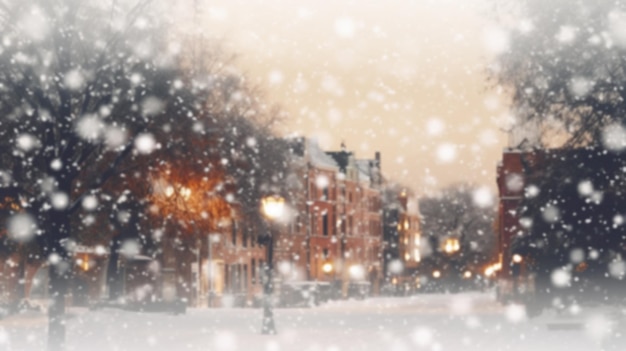 A neve mágica do inverno cai e as luzes da cidade desfocam a rua da cidade com o Natal