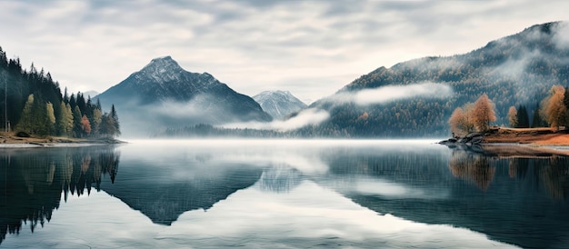 A névoa está presente acima do Lago Bluntausee em frente às montanhas dos Alpes em Salzburger Land Áustria