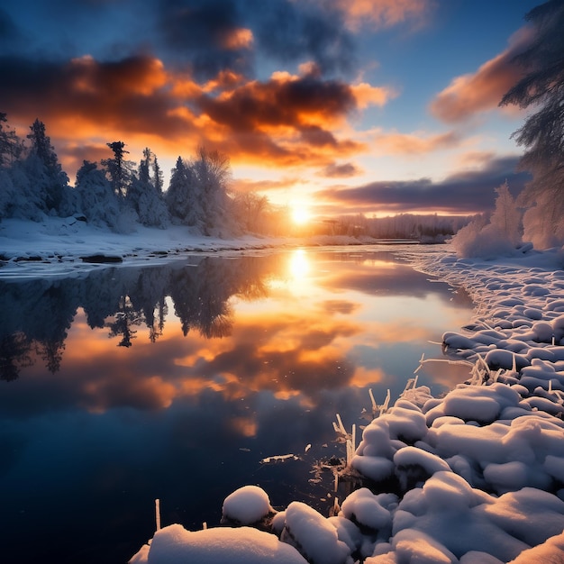 Foto À noite, paisagem de montanha de neve, sol laranja.