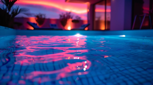 Foto À noite tranquila à beira da piscina, fundo desfocado com palmeiras e cadeiras, superfície de água rosa e azul.