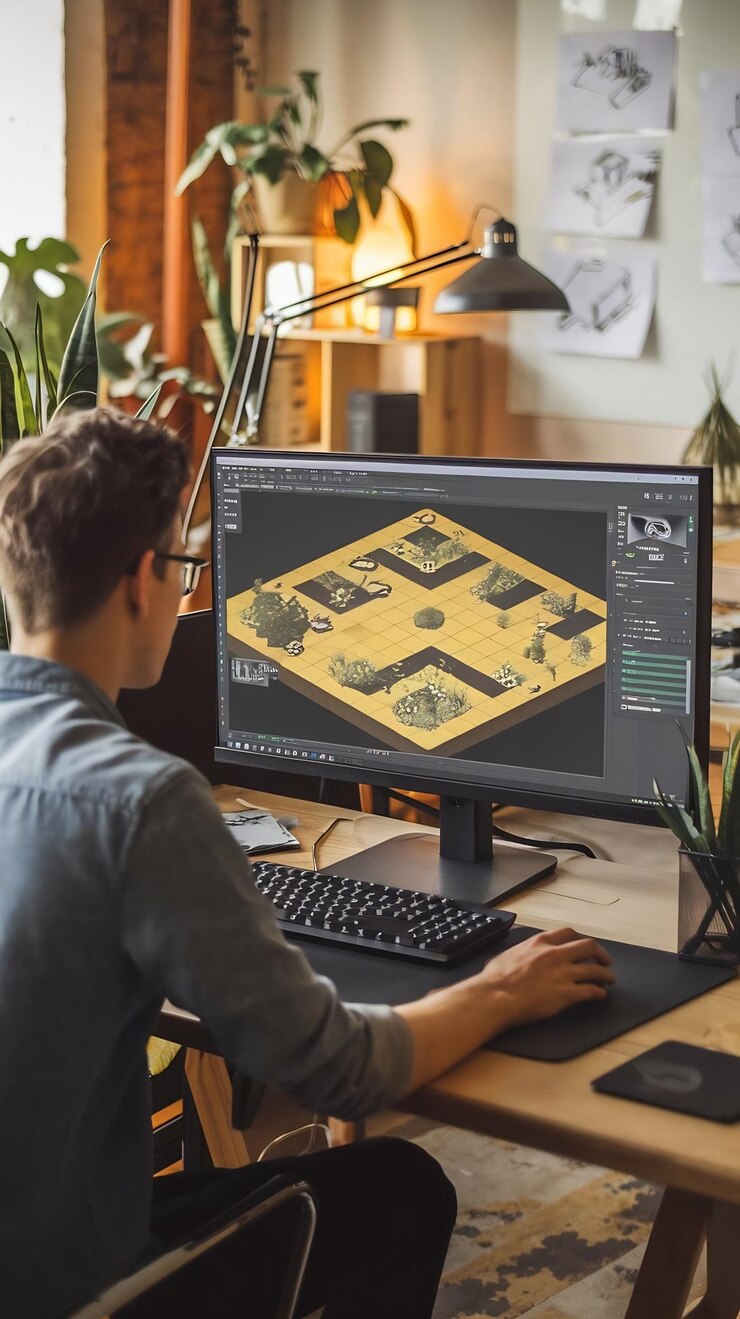 Foto à noite, um jovem criativo de videogames trabalha em um computador de mesa com tela em 3d.