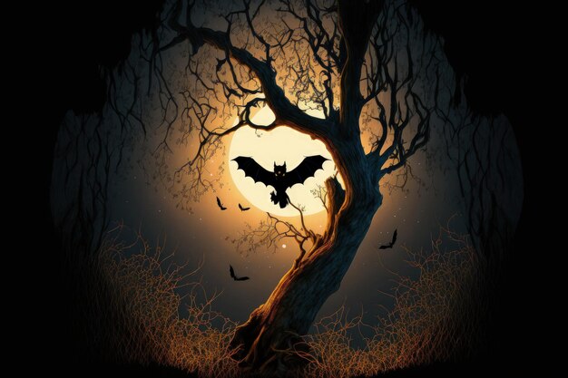 Foto À noite, um morcego está pendurado em uma árvore