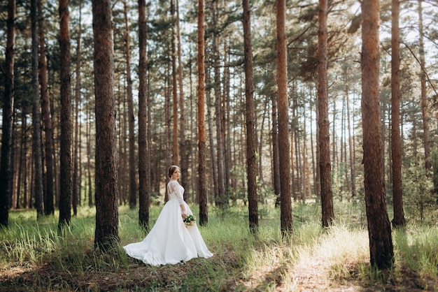 A noiva caminhando em uma floresta de pinheiros em um dia ensolarado