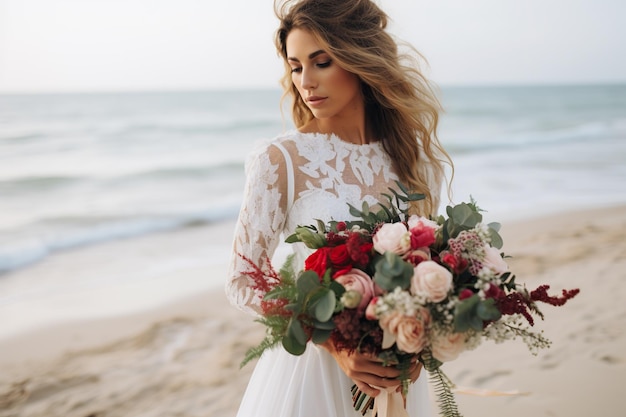 A noiva com um buquê de flores. Casamento moderno na praia.