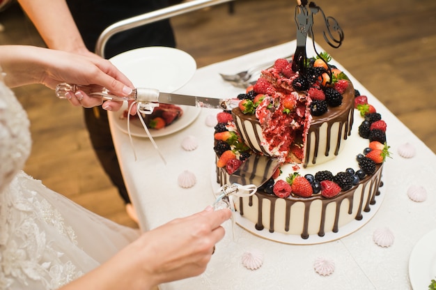 A noiva e o noivo cortaram o bolo de casamento de chocolate.