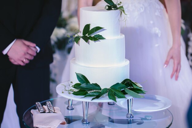 A noiva e o noivo cortaram um lindo bolo de casamento em um banquete