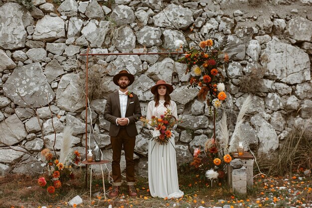 Foto a noiva e o noivo estão perto do arco do casamento em frente à parede de pedra