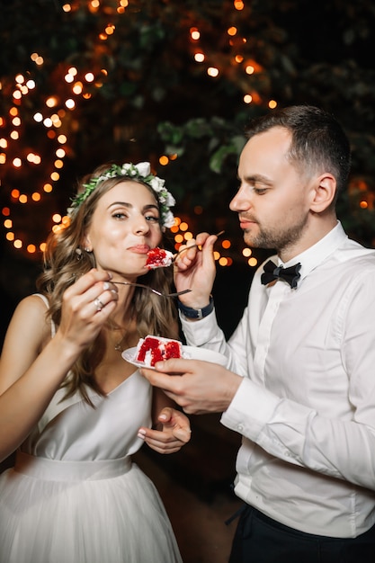 A noiva e o noivo felizes cortaram o bolo de casamento na decoração dianteira da luz da festão.