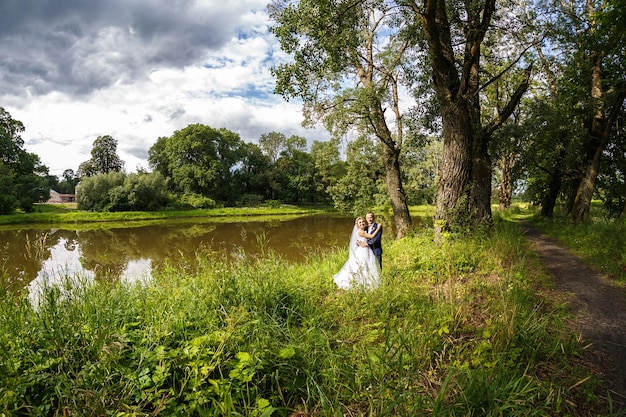 A noiva e o noivo na natureza perto do lago A noiva está abraçando o noivo Panorama do dia do casamento O melhor dia de um jovem casal