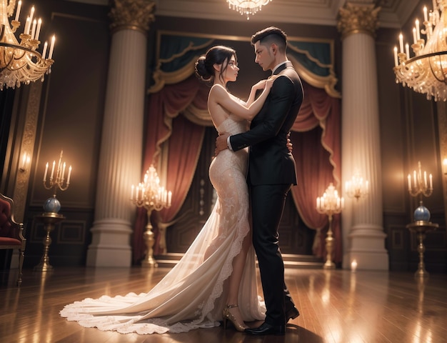 A noiva e o noivo posam em um salão de baile com candelabros ao fundo.