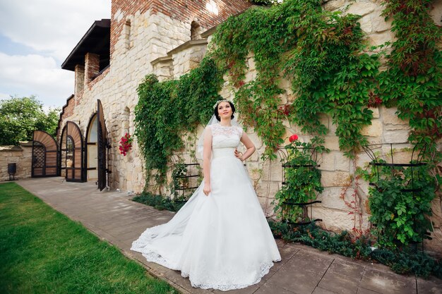 A noiva em um lindo vestido segura a mão na cintura contra o fundo do edifício