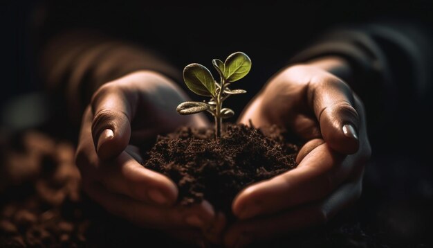 A nova vida começa com o crescimento orgânico plantando mudas na natureza geradas pela inteligência artificial