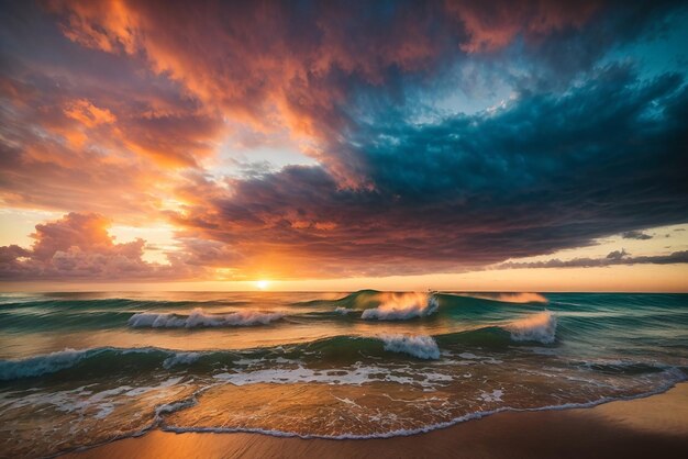 A onda da natureza encontra a nuvem e o céu do pôr do sol