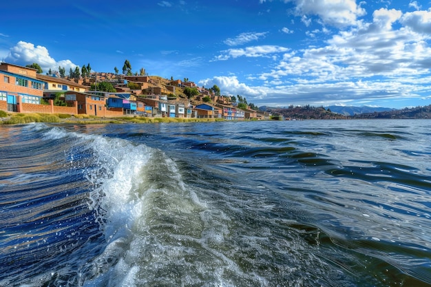 A onda de movimento de água azul em close do lago Titicaca em Copacabana, Bolívia, América do Sul