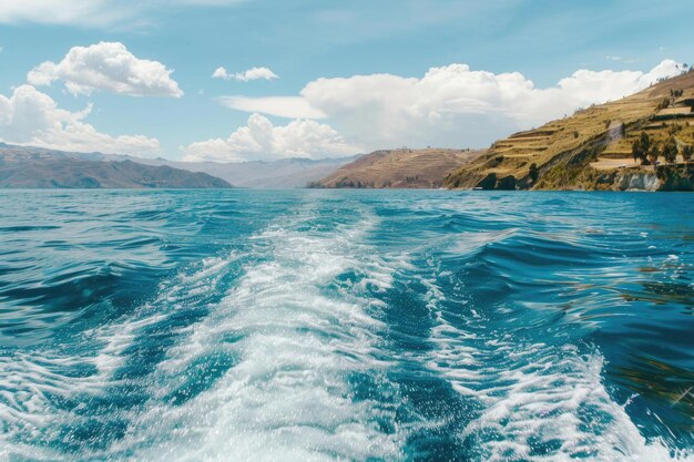 A onda de movimento de água azul em close do lago Titicaca em Copacabana, Bolívia, América do Sul