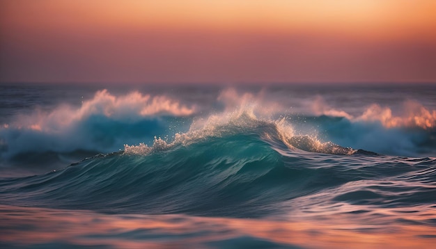 A onda do oceano ao pôr-do-sol Uma bela paisagem marinha com ondas quebrando