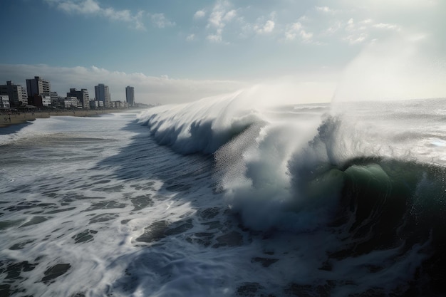 A onda do tsunami rola em direção à costa, atingindo a costa com sua imensa força