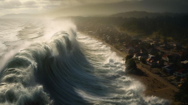 A onda do tsunami rola em direção à costa batendo o