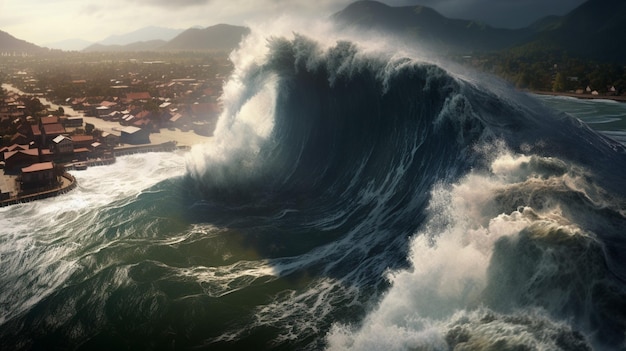 A onda do tsunami rola em direção à costa batendo o