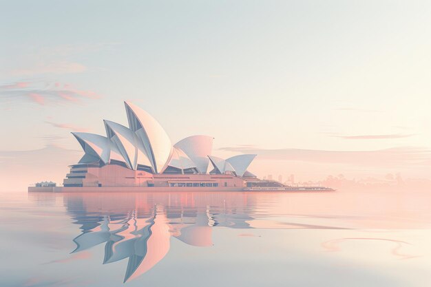 Foto a ópera de sydney refletindo-se na água ao amanhecer com céus pastel suaves