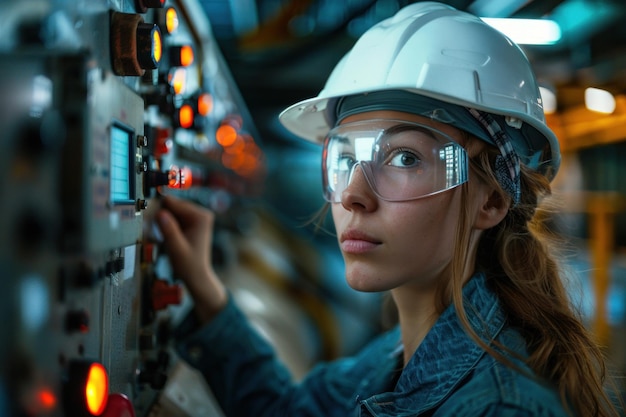 Foto a operadora da central nuclear monitora os parâmetros do trabalho e os dispositivos da central nuclear inspector no capacete