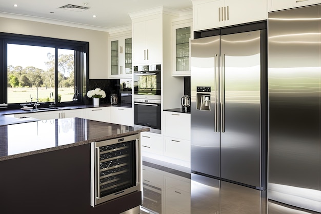 A opulenta cozinha de uma mansão australiana apresenta utensílios de aço inoxidável