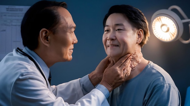 Foto a paciente asiática tem um alargamento anormal da glândula tireóide, hipertireoidismo.