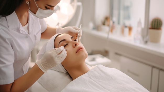A paciente relaxa durante um procedimento cosmético com um cosmetologista profissional usando luvas e uma máscara trabalhando em suas sobrancelhas em uma clínica de beleza limpa e brilhante