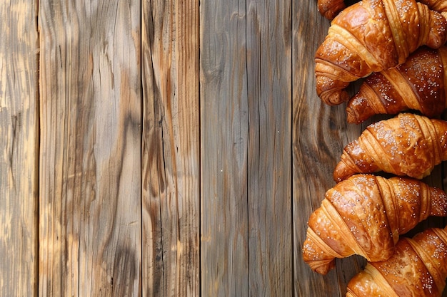 A padaria francesa deleita-se com croissants em um prato de madeira natural