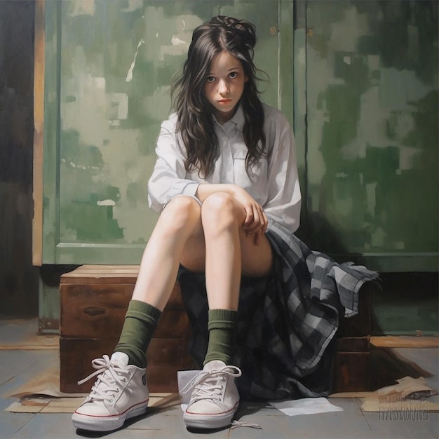 Foto a painting of a girl sitting on the floor with her legs crossed.