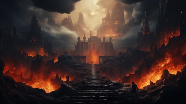 A paisagem atmosférica escura do fogo eterno com escadas para colunas antigas e fontes de fantasias de fogo