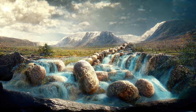 A paisagem com uma água da cachoeira flui para o céu nublado azul do rio