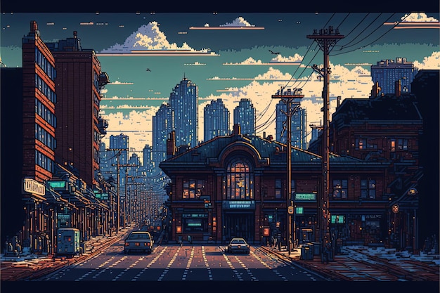 A paisagem da cidade de pixel art com prédios abriga o fundo das ruas em estilo retrô para jogo de 8 bits