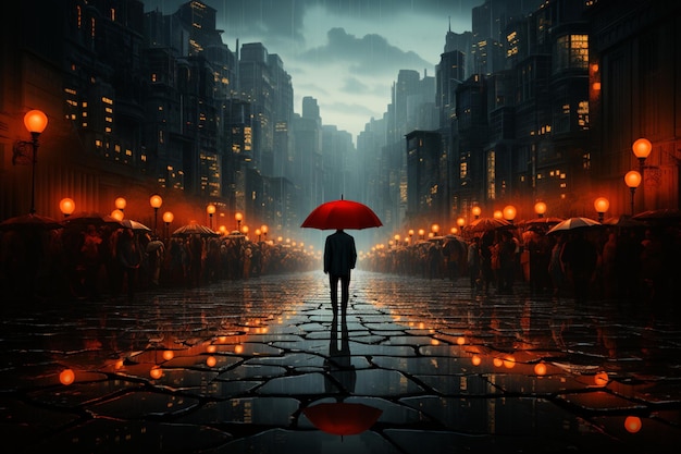 A paisagem da cidade, um guarda-chuva vermelho brilha no meio de um mar de pretos.