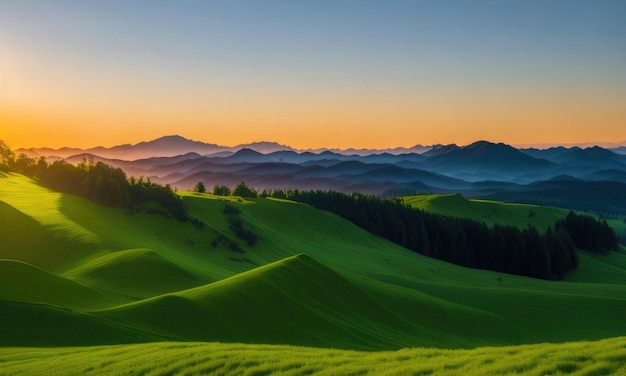 A paisagem das colinas verdes é muito bonita.