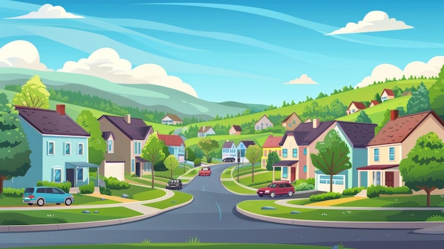 A paisagem de um subúrbio mostrada com casas de família em fila e carros em uma estrada contra o fundo verde de colinas Ilustração de desenho animado de uma aldeia ou subúrbio com casas de campo em edifícios de casas de campo