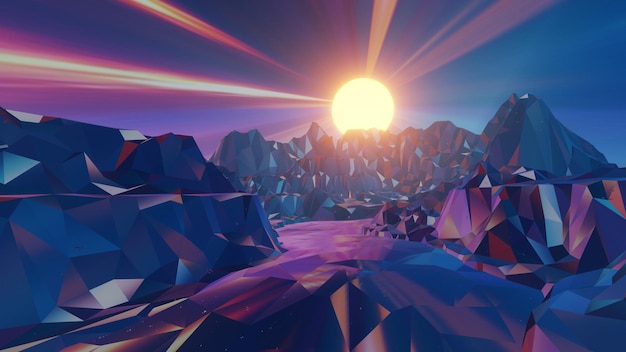 A paisagem de wireframe incorpora a estética clássica dos anos 80 combinando nostalgia digital futurista