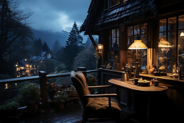 A paisagem do lado de fora da janela da cabana de madeira mostra fortes nevascas.