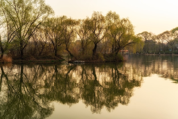 A paisagem do lago daming em jinan ao pôr do sol