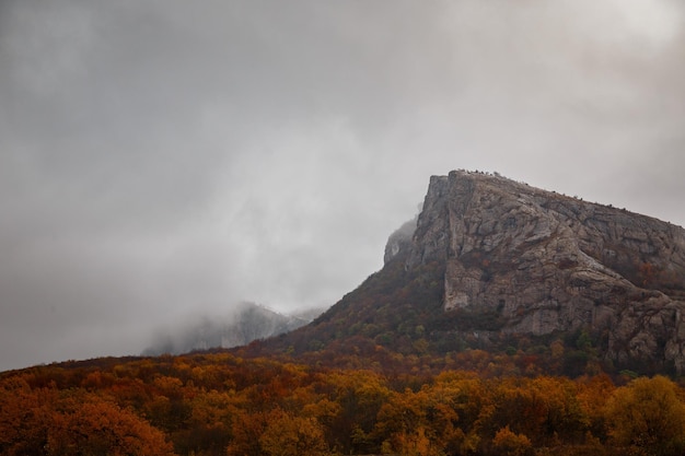 A paisagem do outono da montanha com floresta colorida, céu nublado do outono, céu pesado de chumbo e floresta amarela brilhante no sopé das montanhas