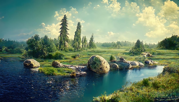A paisagem natural de verão de um vale com um lago balança o campo verde com grama exuberante e árvores coníferas