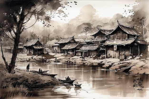 A paisagem rural renderizada em estilo de lavagem de tinta que lembra a pintura chinesa evoca uma sensação de tranquilidade e harmonia com a natureza IA generativa