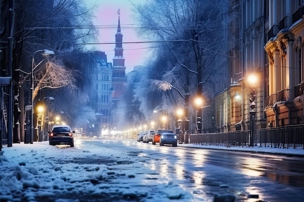 A paisagem urbana de inverno à noite As ruas geladas iluminadas em esplendor urbano