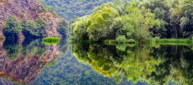 A paisagem verde panorâmica refletida na água do lado formou uma imagem simétrica. Asturias. Espanha.