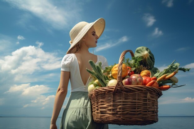 A paisagística viagem de iate imersa na natureza com uma mulher da colheita e sua cesta de comida