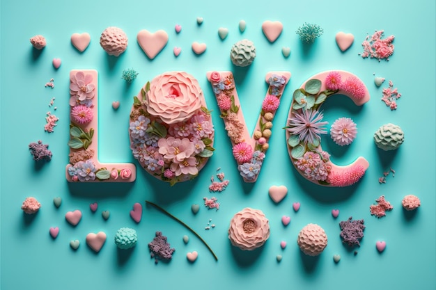 A palavra amor decorada com flores pastel e folhas Fundo azul pastel suave Generative AI