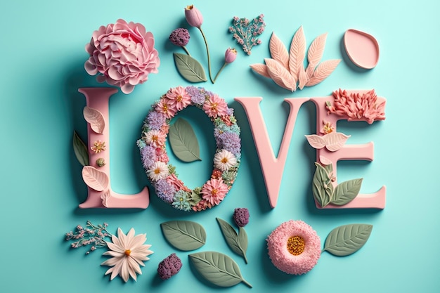 A palavra amor decorada com flores pastel e folhas fundo azul pastel suave generative ai